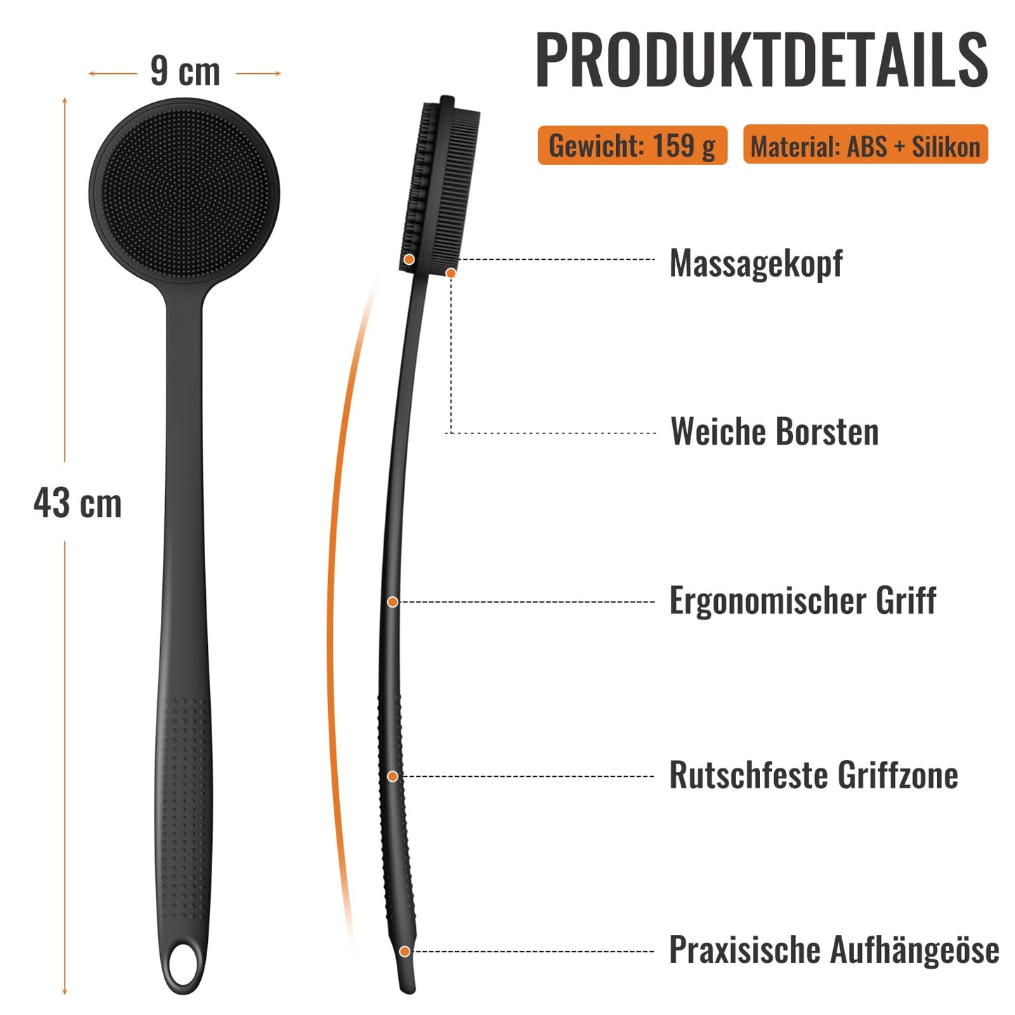 Silikon Rückenschrubber mit langem Griff – Duschbürste für Rücken, Peeling, Massage & mehr Schaum, Schwarz