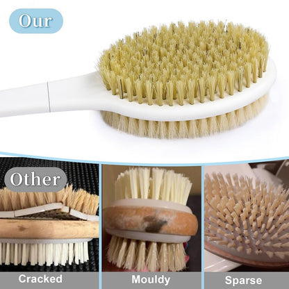 HORJOR Rückenbürste zum Duschen, Badebürste mit Langem Stiel 44cm Duschbürste Rücken, Körperbürste mit Naturborsten für Dusch Bürste Feuchten oder Trockenen Rücken Körperbürste