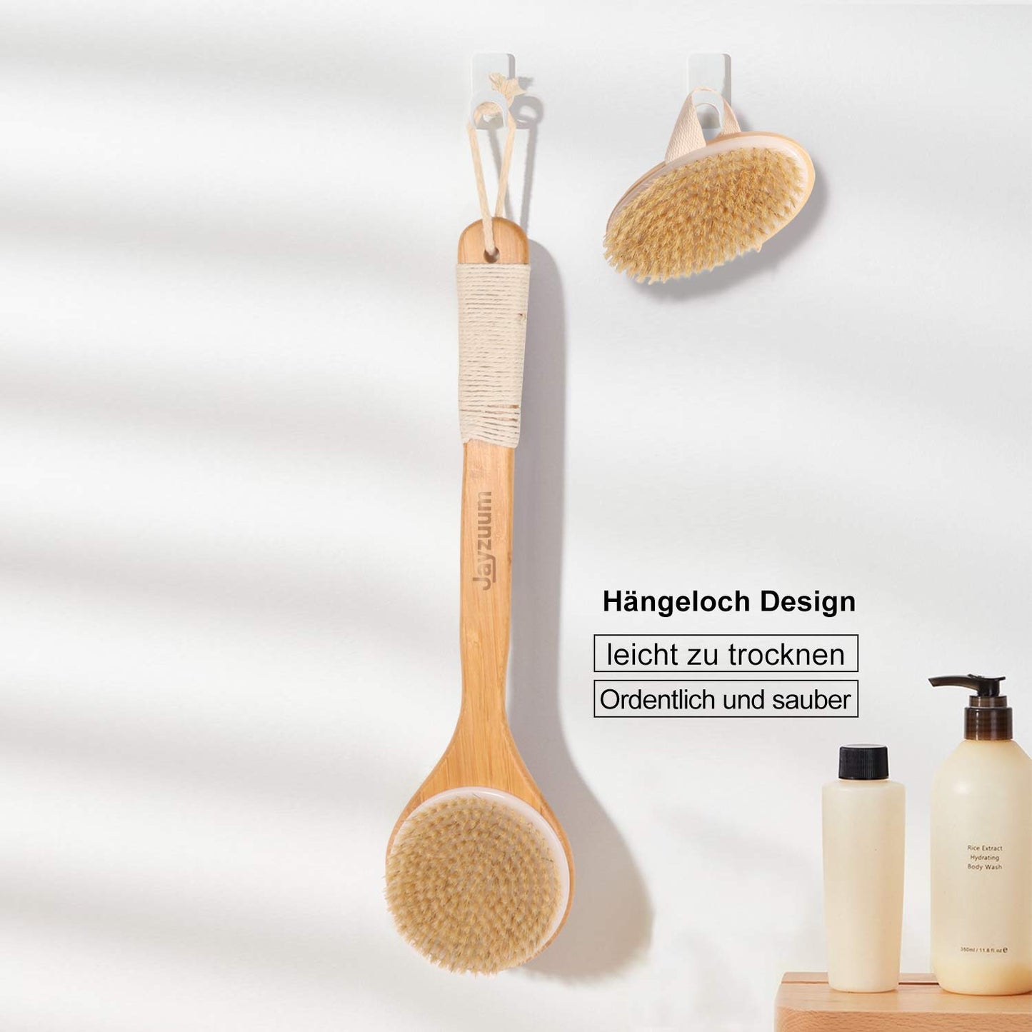 Jayzuum 2er Set Rückenbürste, Trockenbürste, Badebürste mit langem Stiel, Körperbürste Saunabürste für Peeling und Massage