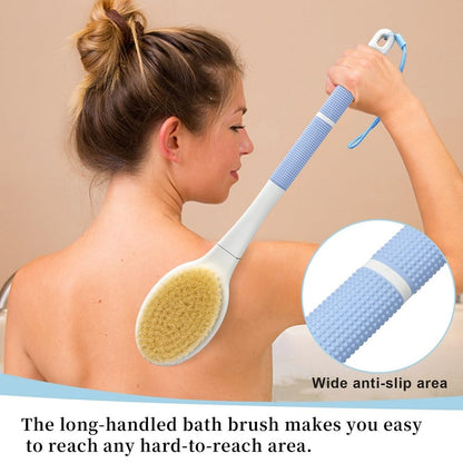 HORJOR Rückenbürste zum Duschen, Badebürste mit Langem Stiel 44cm Duschbürste Rücken, Körperbürste mit Naturborsten für Dusch Bürste Feuchten oder Trockenen Rücken Körperbürste