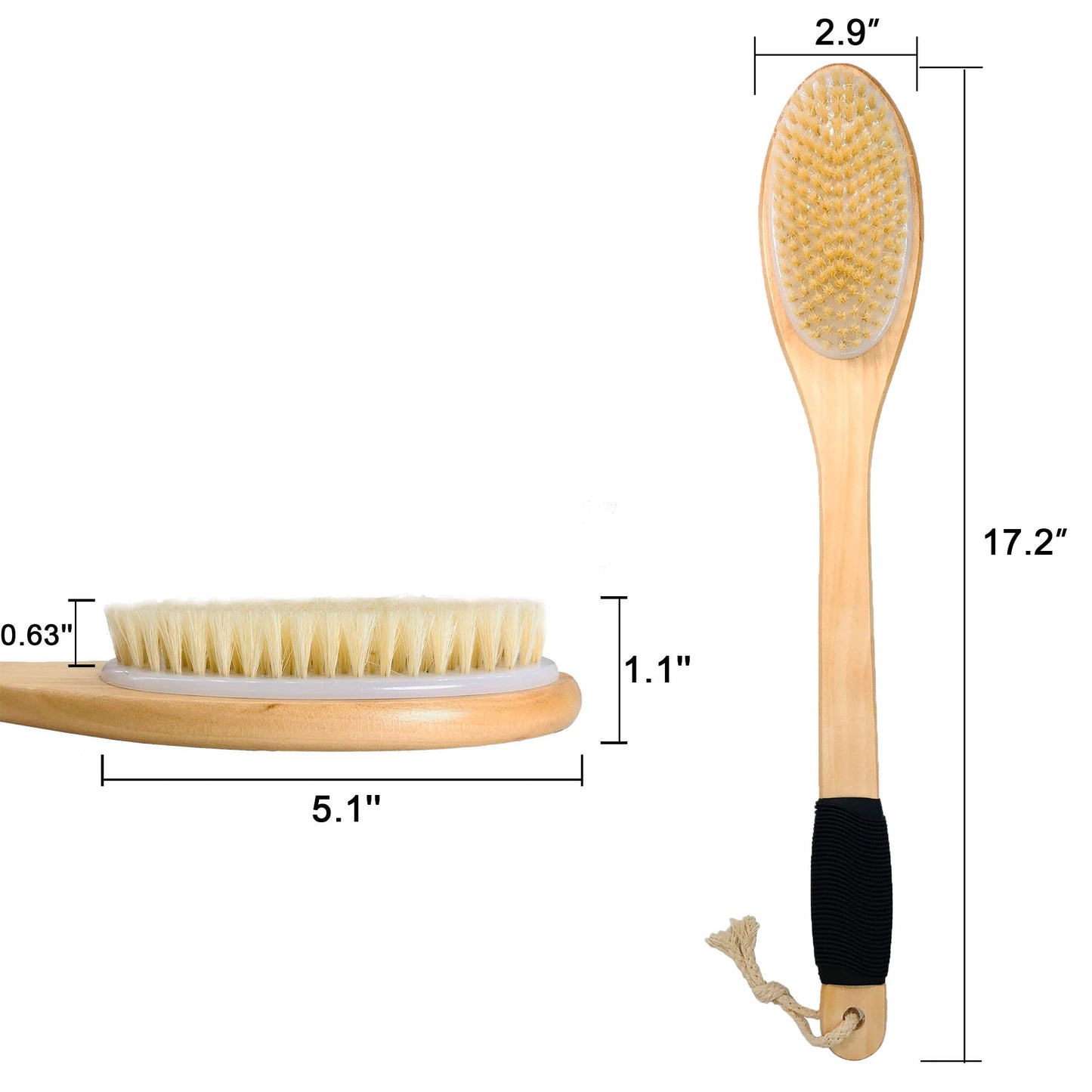 OWIIZI Badebürste aus Holz, gebogen, langer Griff, rutschfest, Duschbürste für Peeling, natürliche Borsten, Schrubber für den Rücken, nass oder trocken