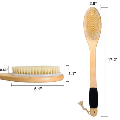 OWIIZI Badebürste aus Holz, gebogen, langer Griff, rutschfest, Duschbürste für Peeling, natürliche Borsten, Schrubber für den Rücken, nass oder trocken