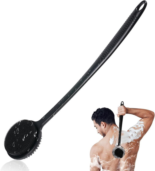 Silikon Rückenschrubber mit langem Griff – Duschbürste für Rücken, Peeling, Massage & mehr Schaum, Schwarz