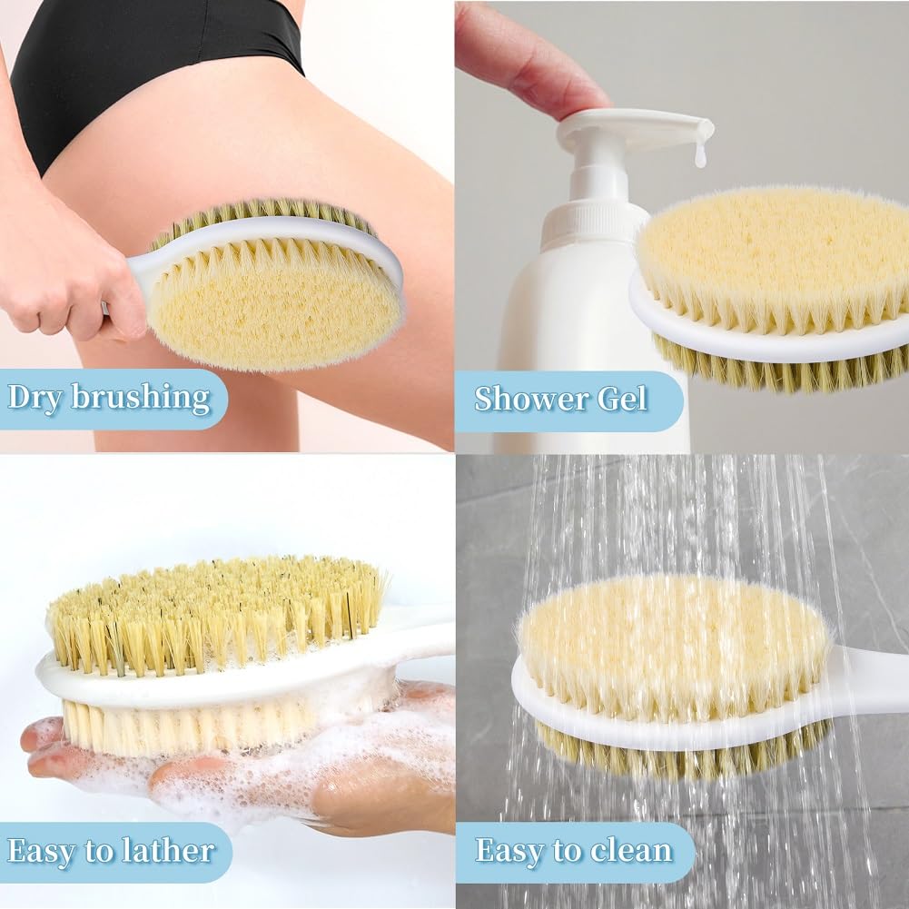 HORJOR Rückenbürste zum Duschen, Badebürste mit Langem Stiel 44cm Duschbürste Rücken, Körperbürste mit Naturborsten für Dusch Bürste Feuchten oder Trockenen Rücken Körperbürste