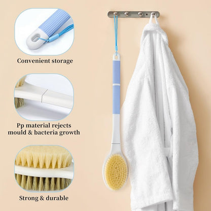 HORJOR Rückenbürste zum Duschen, Badebürste mit Langem Stiel 44cm Duschbürste Rücken, Körperbürste mit Naturborsten für Dusch Bürste Feuchten oder Trockenen Rücken Körperbürste