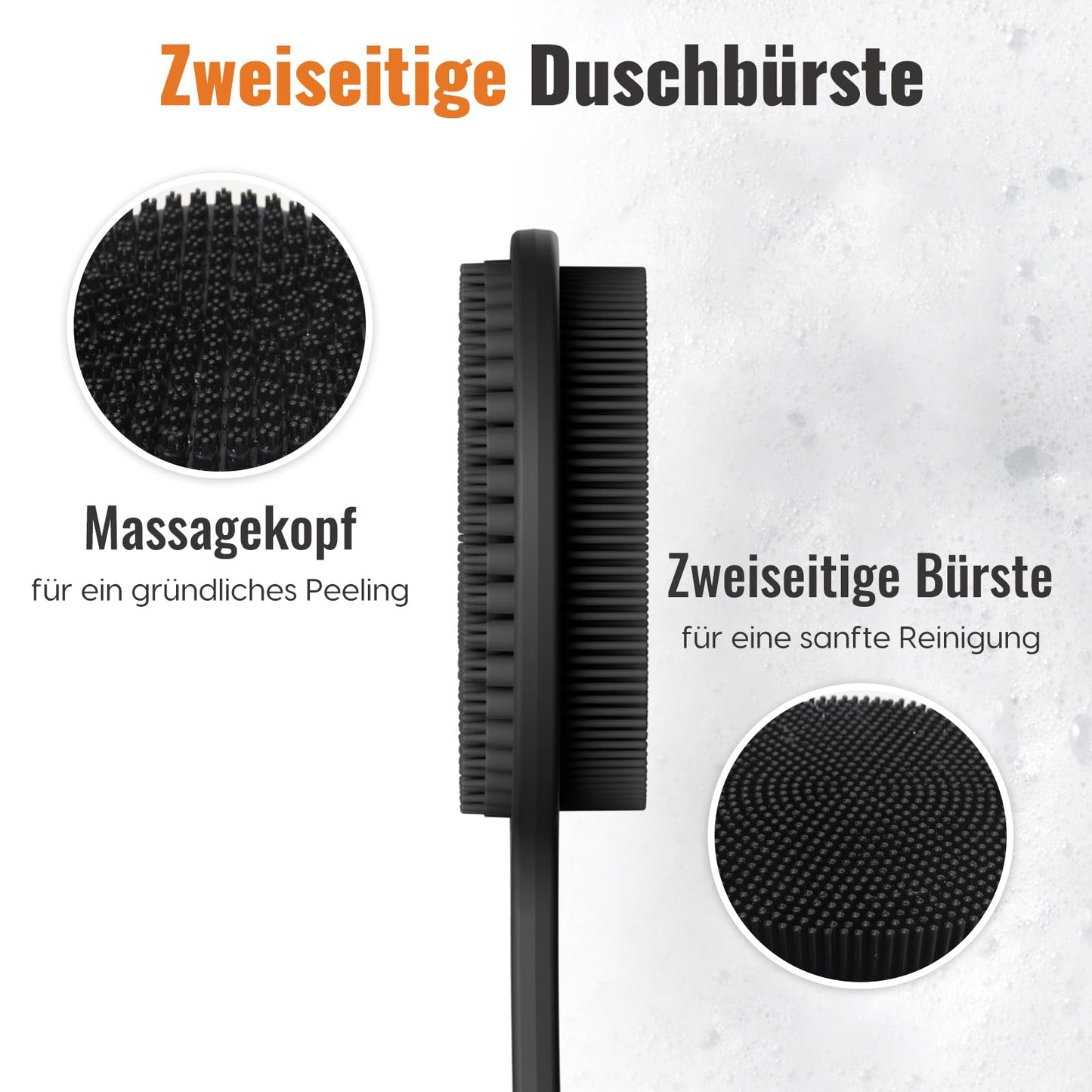 Silikon Rückenschrubber mit langem Griff – Duschbürste für Rücken, Peeling, Massage & mehr Schaum, Schwarz