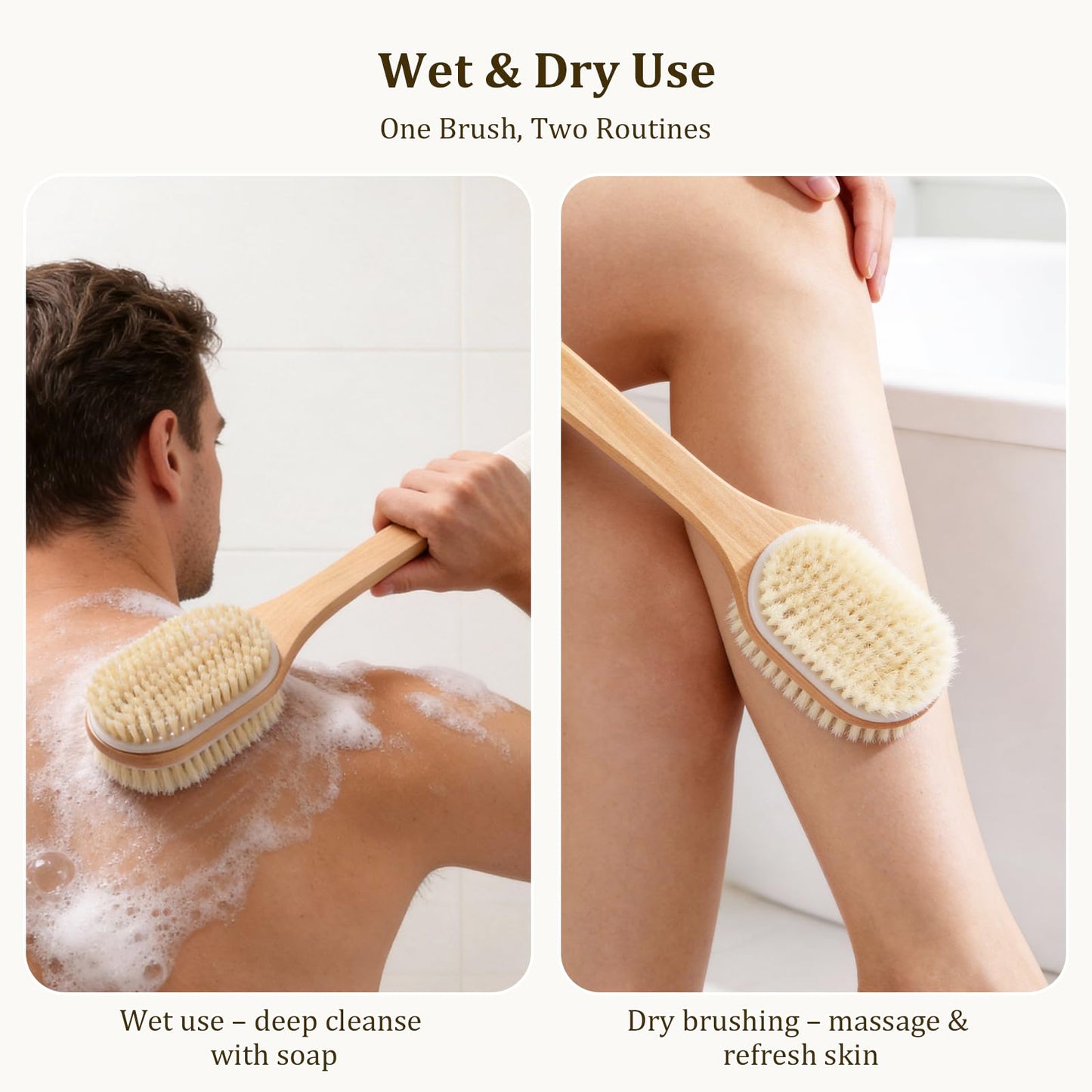 Blendura Rückenbürste Dusche 43 cm mit langem Stiel – Nass & Trocken Körperbürste mit weichen & festen Borsten Rückenschrubber, Peeling, Massage & Lymphdrainage, für Damen, Herren, Senioren