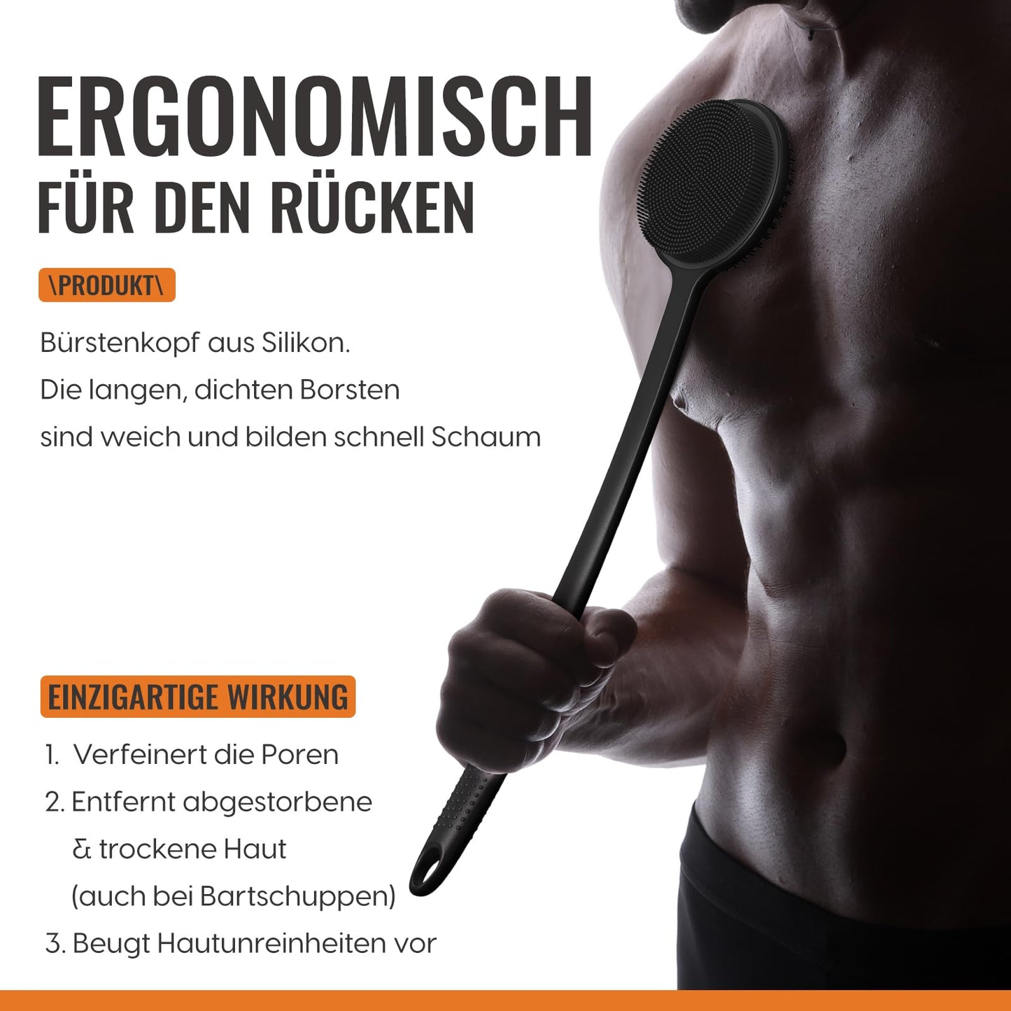 Silikon Rückenschrubber mit langem Griff – Duschbürste für Rücken, Peeling, Massage & mehr Schaum, Schwarz