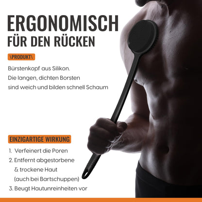 Silikon Rückenschrubber mit langem Griff – Duschbürste für Rücken, Peeling, Massage & mehr Schaum, Schwarz