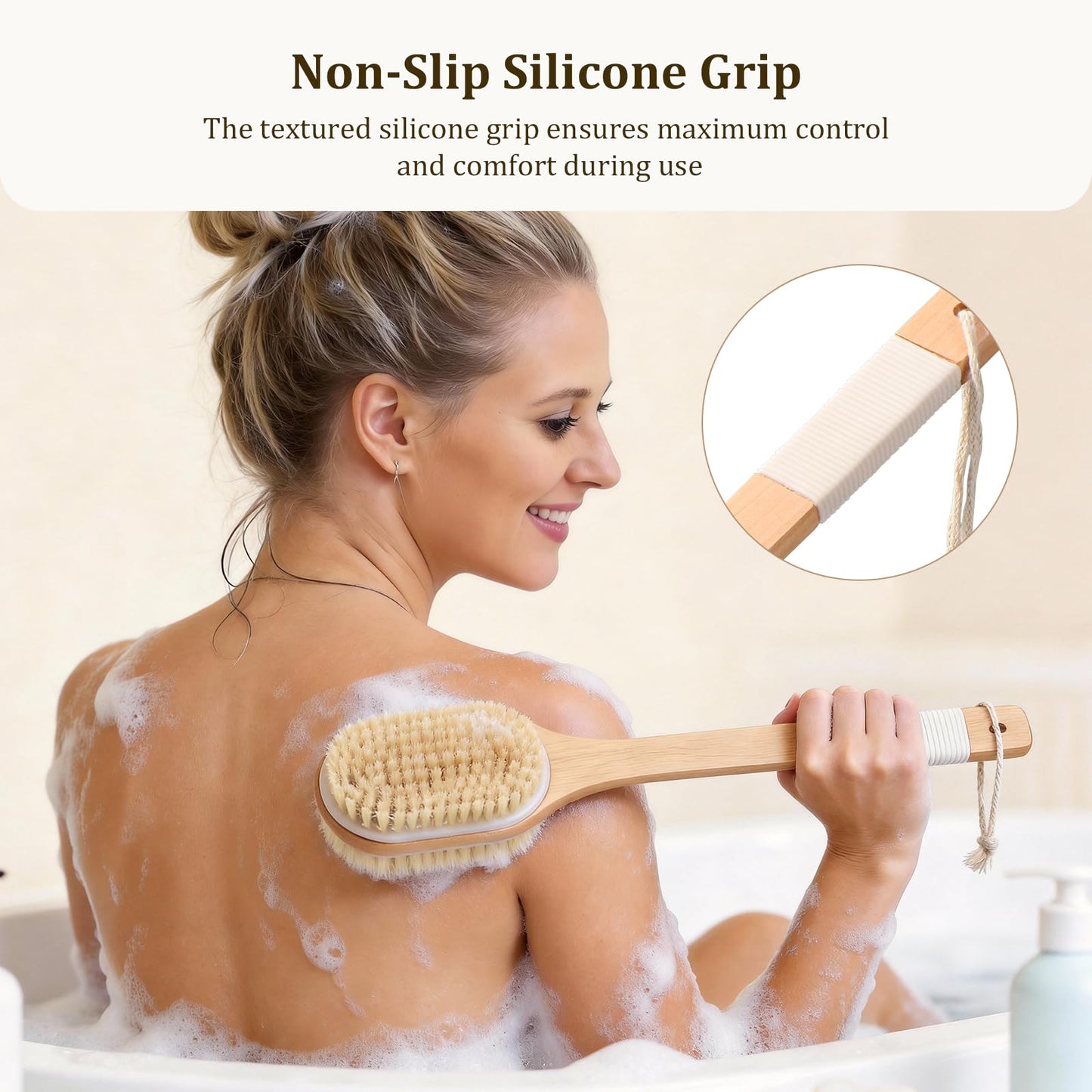 Blendura Rückenbürste Dusche 43 cm mit langem Stiel – Nass & Trocken Körperbürste mit weichen & festen Borsten Rückenschrubber, Peeling, Massage & Lymphdrainage, für Damen, Herren, Senioren