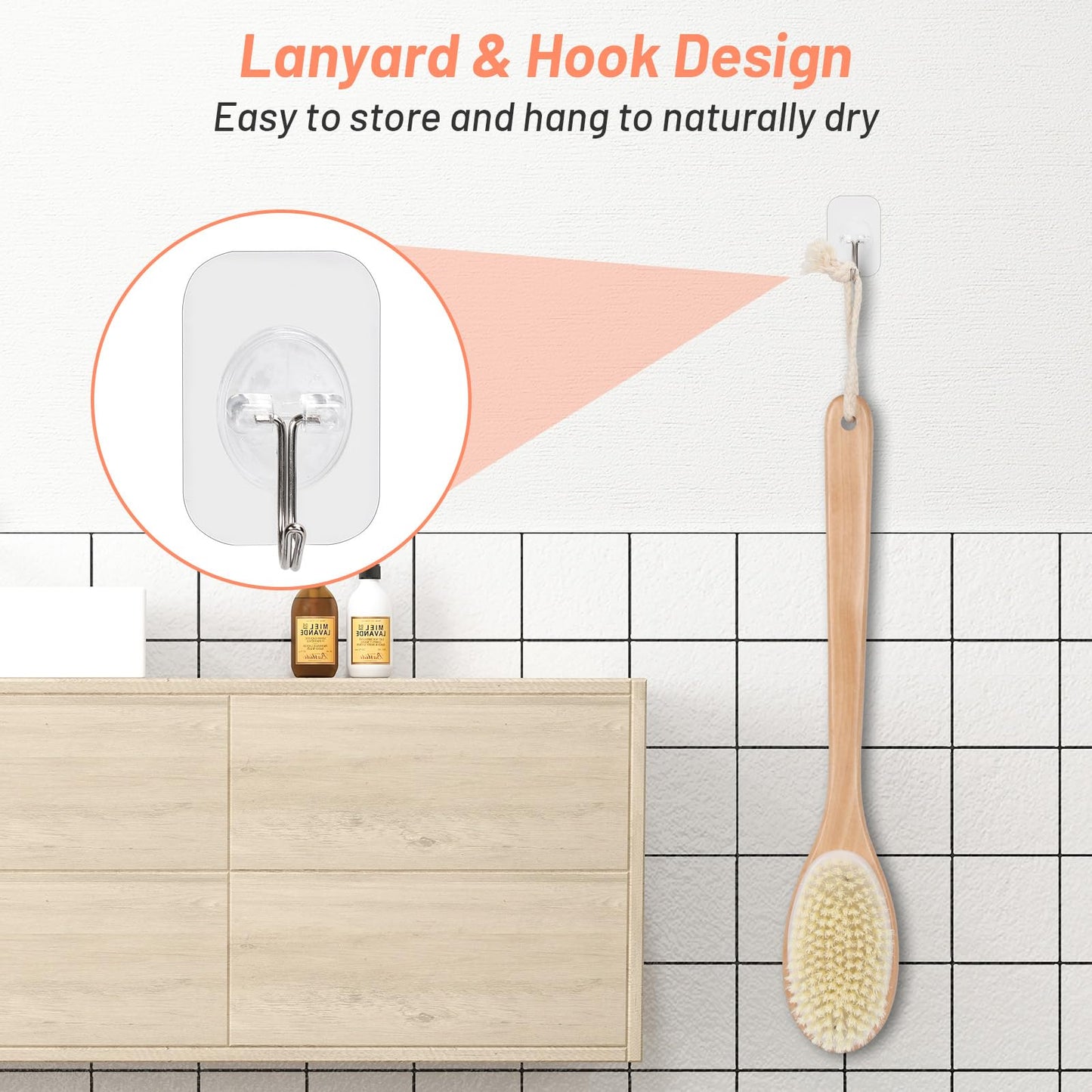 Alyvisun Rückenbürste aus Holz für Dusche mit Langem Griff, Doppelseitige Rückenschrubber mit Steifen und Weichen Borsten, Nass- und Trocken Peeling Körperbürste