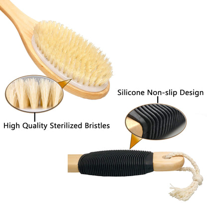OWIIZI Badebürste aus Holz, gebogen, langer Griff, rutschfest, Duschbürste für Peeling, natürliche Borsten, Schrubber für den Rücken, nass oder trocken
