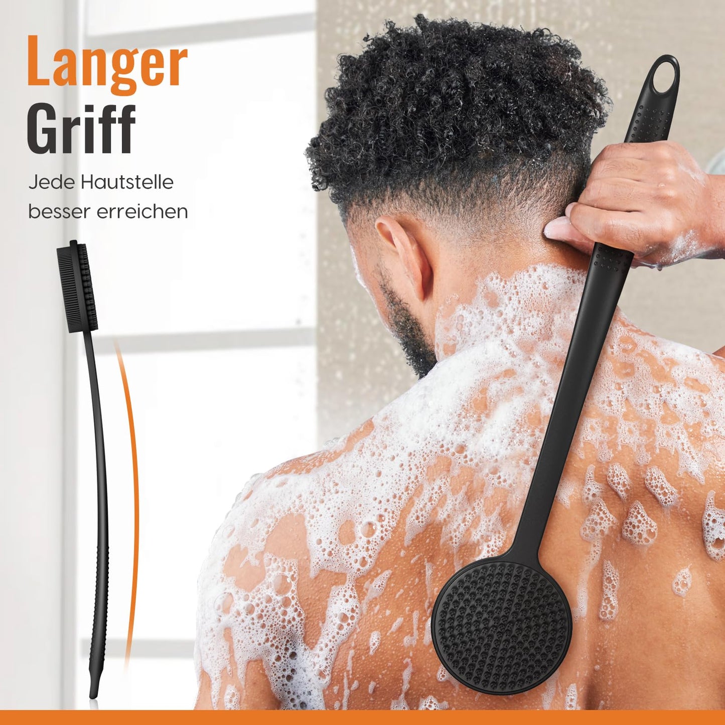 Silikon Rückenschrubber mit langem Griff – Duschbürste für Rücken, Peeling, Massage & mehr Schaum, Schwarz